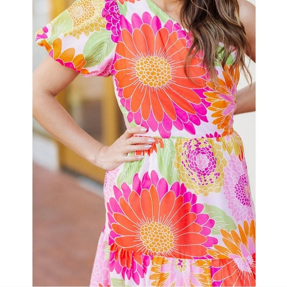 J.Marie Leilani One Shoulder Short Puffed Sleeve Tiered Midi DressFrom J.Marie, - Picture 3 of 13